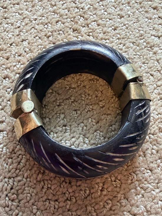 Vintage Jewelry - Vintage Heavy Carved Wood Hinged Bangle with Brass Accents made in India